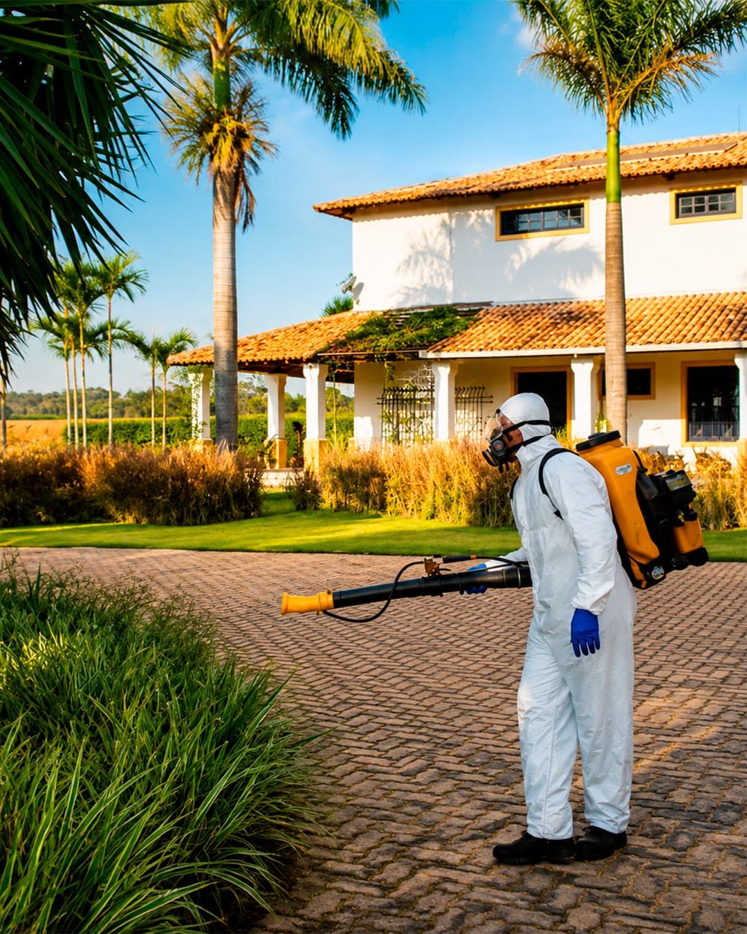 Técnico da DDTIZA com macacão de proteção, respirador e termonebulizador costal na entrada de uma propriedade